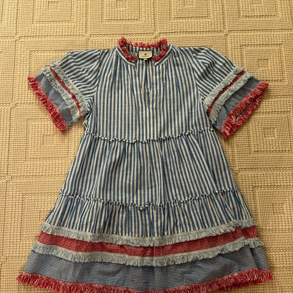 Tuckernuck size small red white and blue dress with fringe detail